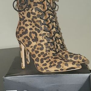 Leopard Print Lace-Up Stiletto Boots